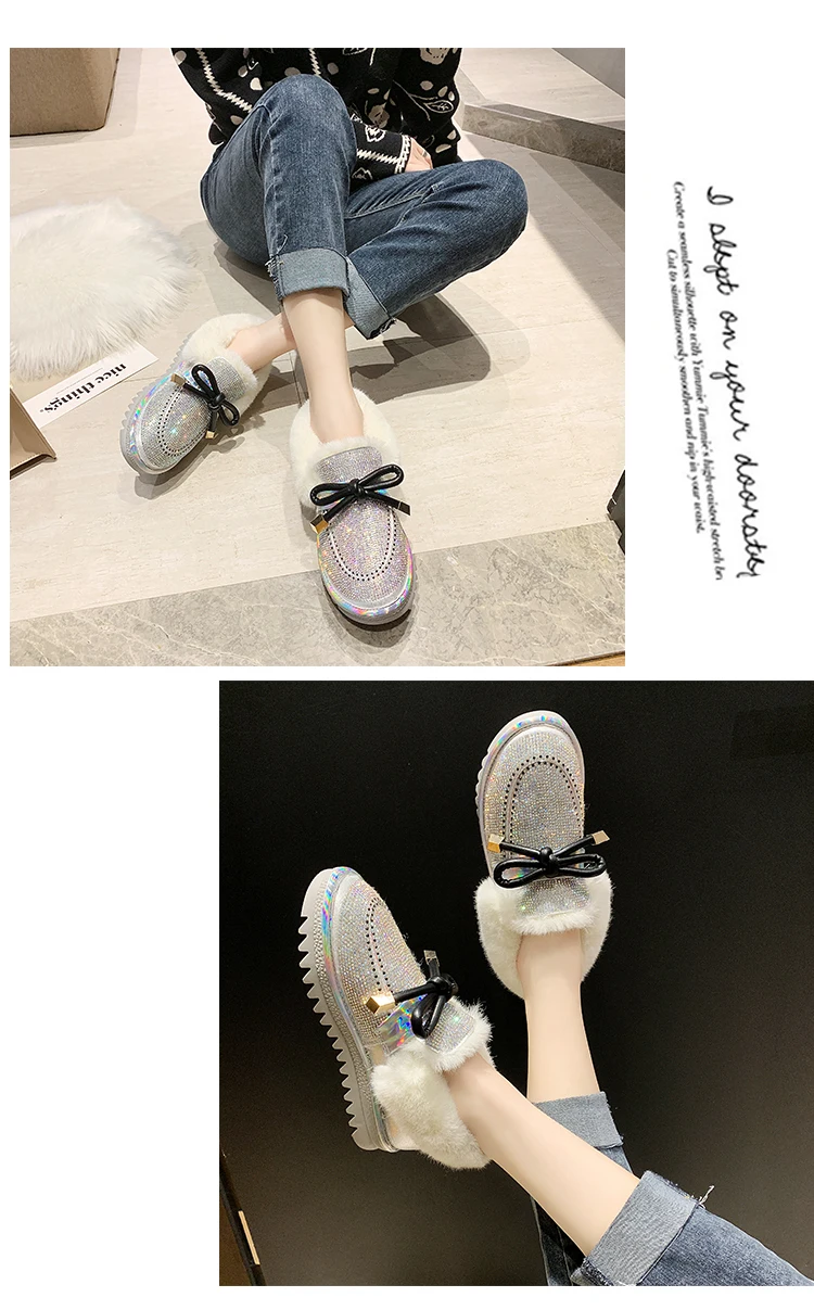 Shiny Glitter Snow Boots Women Fashion Warm Plush Ankle Boots Woman Non Slip Botas Mujer Butterfly-knot Decoration