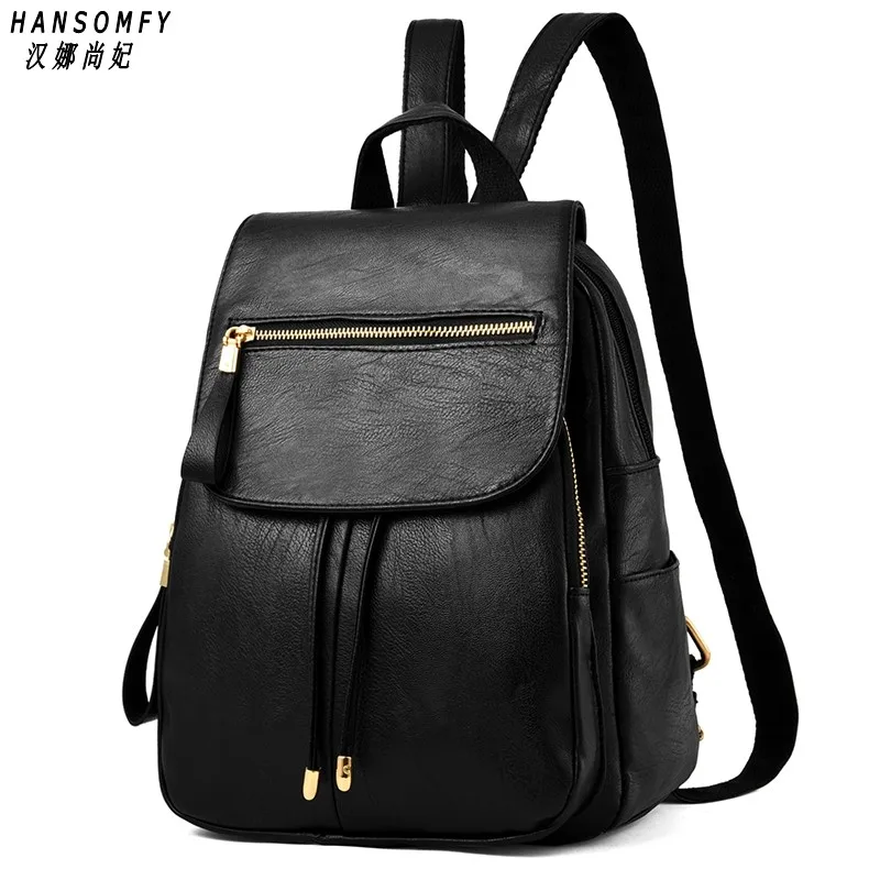 Genuine leather Women backpack New Female backpack spring and summer student fashion casual Korean version of the - Цвет: Черный