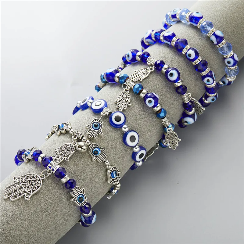 Trendy Couple Turkish Evil Eye Palm Elastic Bracelet For Women Men Charm Handmade Crystal Resin Beaded Bracelets Jewelry Gifts