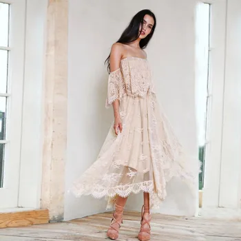 

BGW 2019 lace strapless off shoulder lace cocktail dress tea length