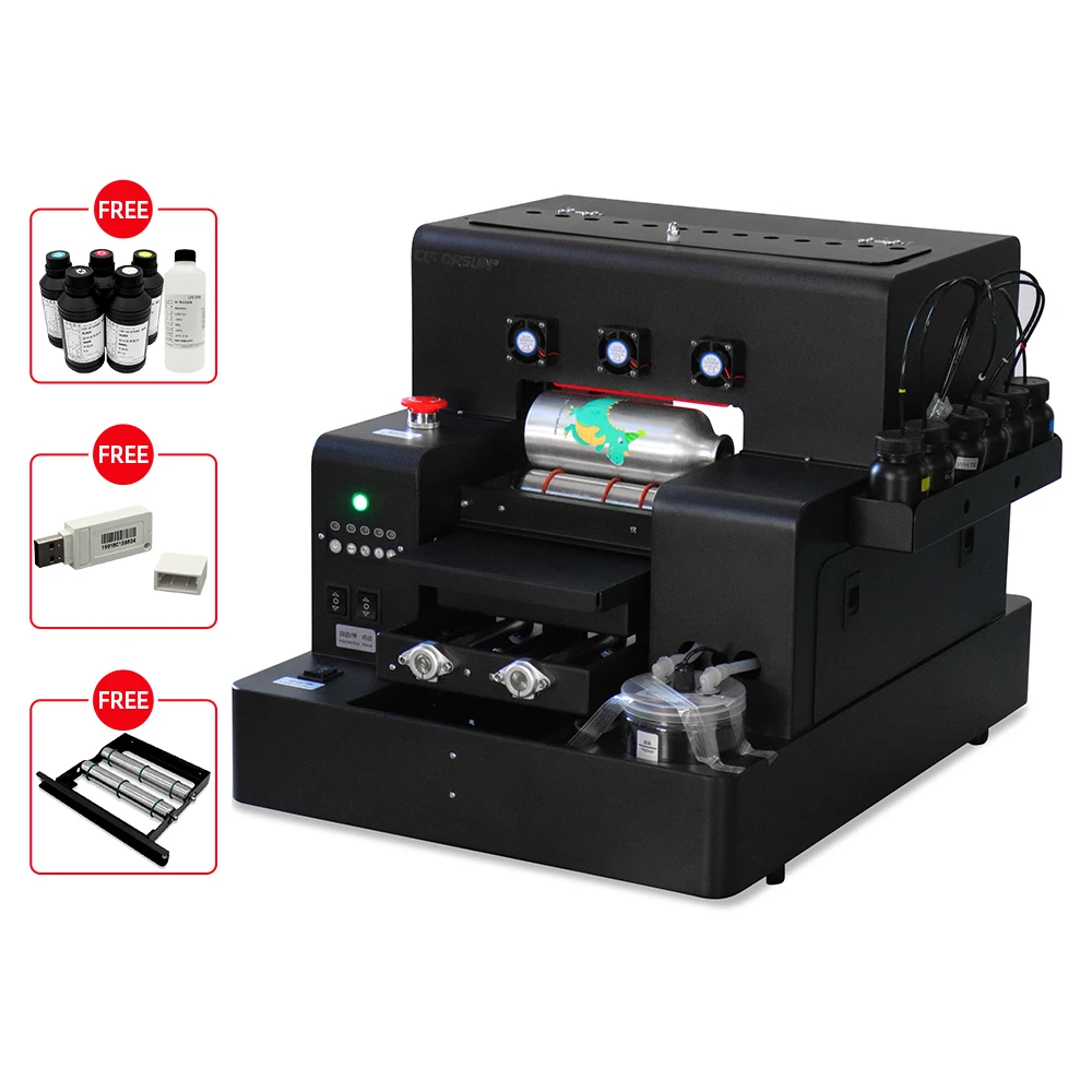 Automatic Small UV Printer A4 Size UV Flatbed Printer with 2500 ml UV Ink for Bottle, Phone Lighter, TPU, PVC, Metal, Wood