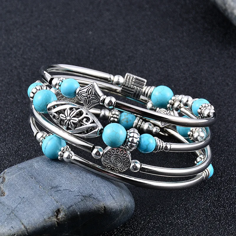 New Natural Turquoise/Tigereye Winding Multi-Circle Layered Natural Stone Beaded Bracelet for Women