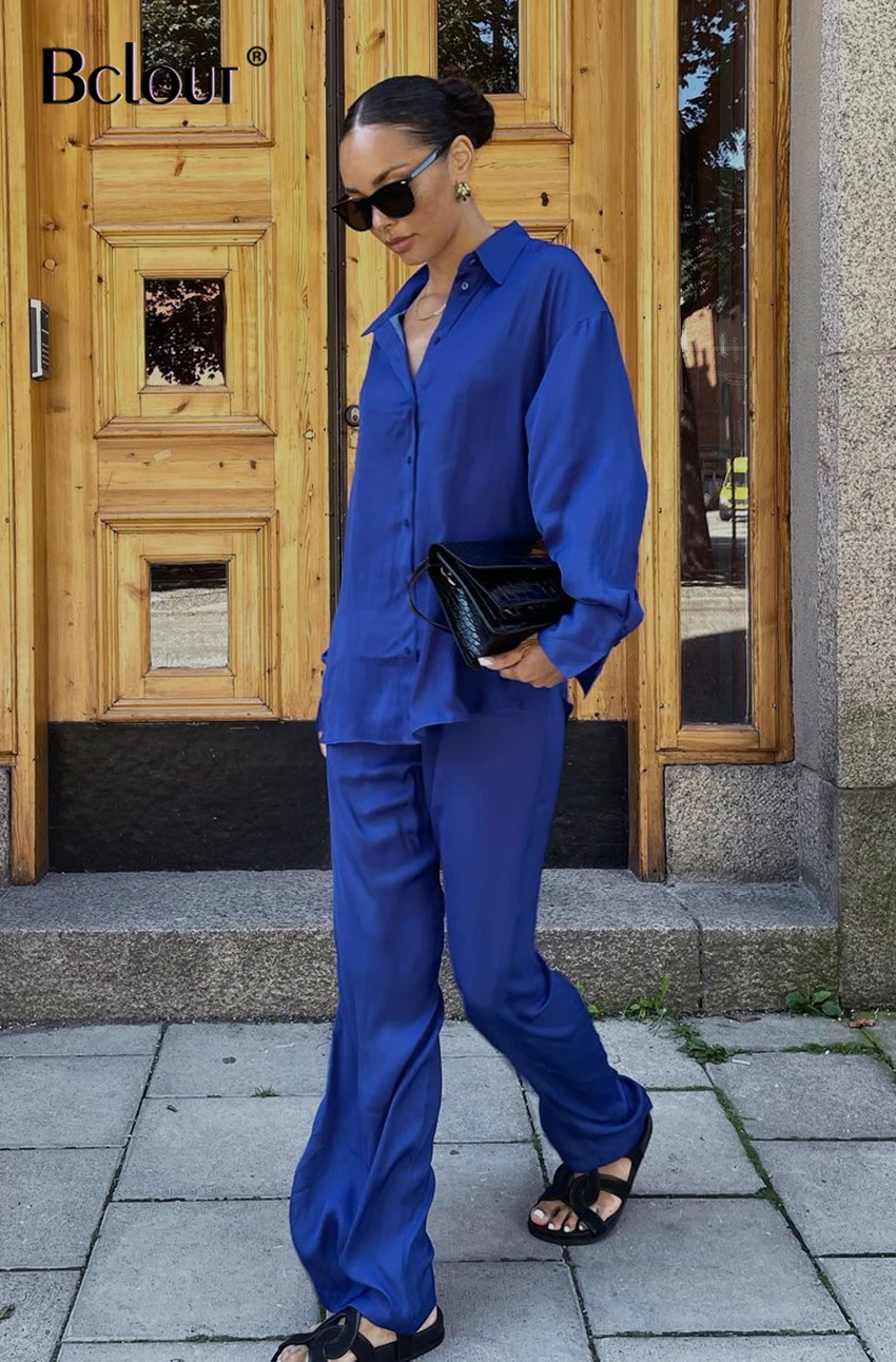Bclout Blue Long Sleeve Blouse Satin Suit Female Elegant Satin Long Trousers And Shirts Elastic Waist Pants Women 2 Pieces Sets white short suit set