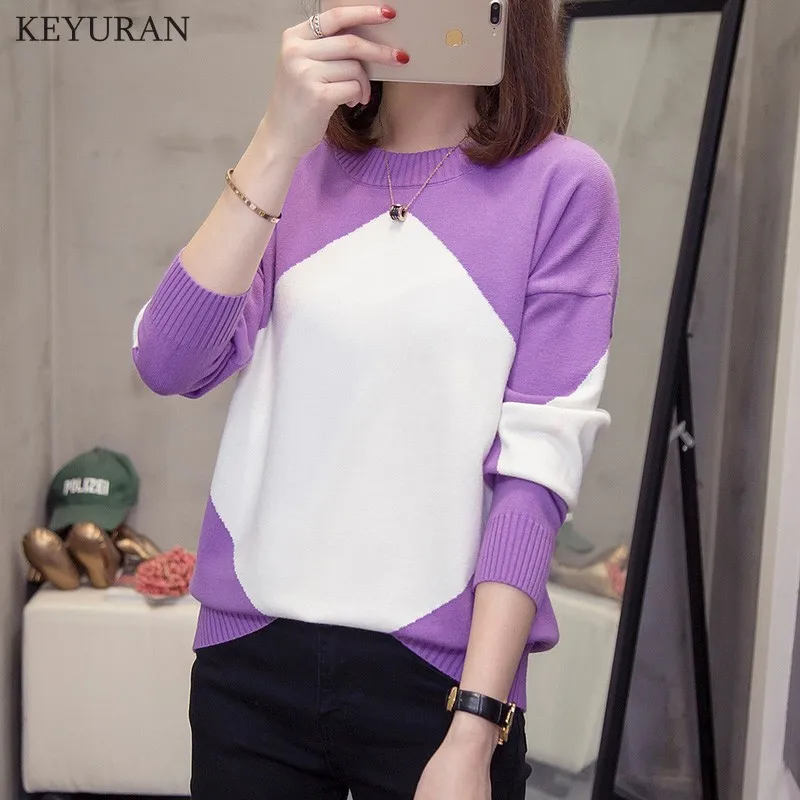 

4XL Women Color Block Sweater Loose Pullover Knitted Cotton Knit Top Autumn Sweaters Pull Casual Ladies Long Sleeve Jumper Tops