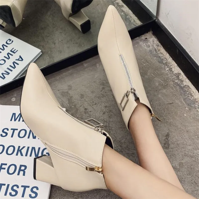 

Mhysa 2019 Winter new Fashion with fine pointed toe high heels Martin boots beige boots leather Dress Women's boots High 7cm