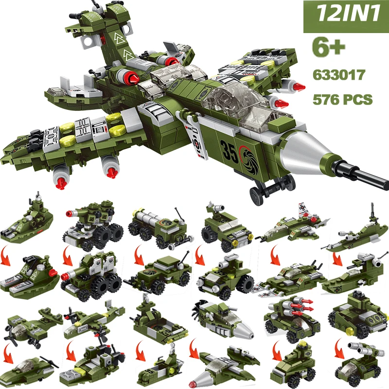 Helikopter Fighter Model legoINGlys askeri yapı taşları tuğla çocuk çocuklar için araba oyuncaklar eğitim blokları kutusu 576 + adet 12 IN 1