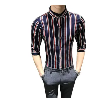 

Hot Men Shirt Slim Fit 3/4 Sleeve 2020 Summer Tuxedo Shirt Men Sexy Casual Party Striped Dress Shirts Mens Plus Size XXXXXL