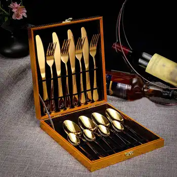 

16pcs Luxury Dinnerware set Tableware Wedding Cutlery Stainless steel Dinner set with Wooden Box Party Decoration Gift