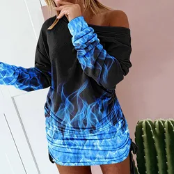 Longo mangas compridas mini vestido amarelo azul padrão de impressão de fogo cordão plissado o pescoço hip abraçando curto feminino primavera outono 2022 novo