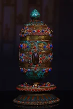 

8"Chinese Folk Collection Old Bronze Tracing mosaic Gem Dzi Bead Prayer wheel stupa pagoda Office Ornaments Town House