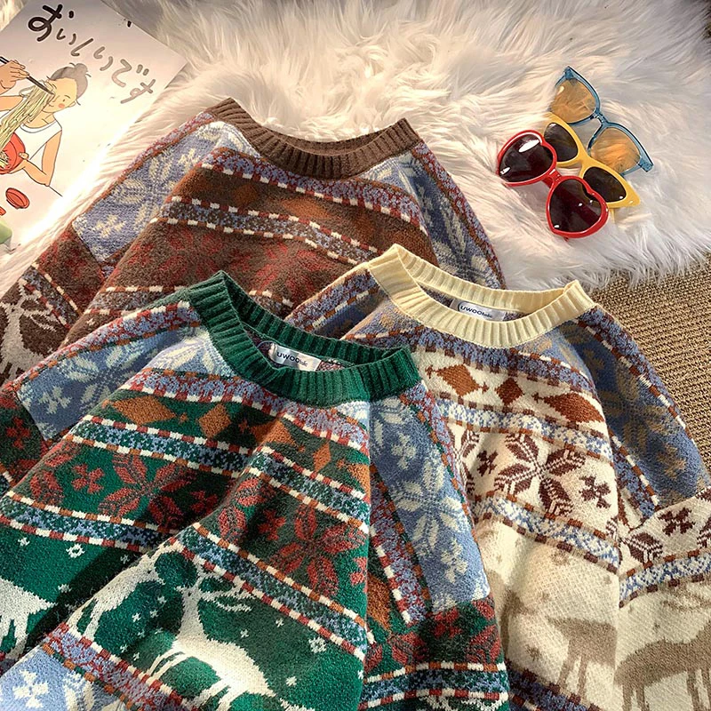 2021 Oversized Retro Chic Elk Christmas Sweaters Women Kawaii Aesthetic  Sweater Winter Tops Couples Fashion Clothes Boho Argyle - AliExpress