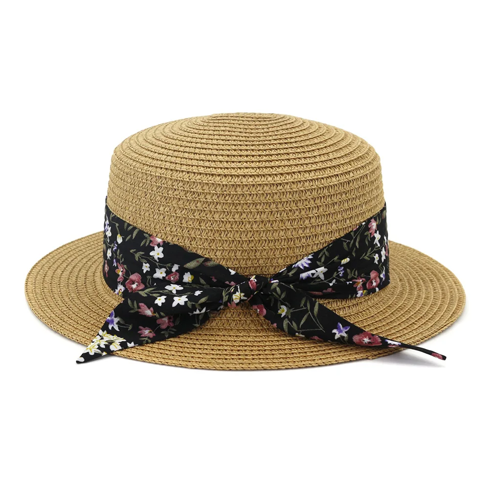 

Sun Hat Women Summer Beach Panama Flat Paper Hats With Ribbon Scarf Holiday Outdoor Accessory For Lady