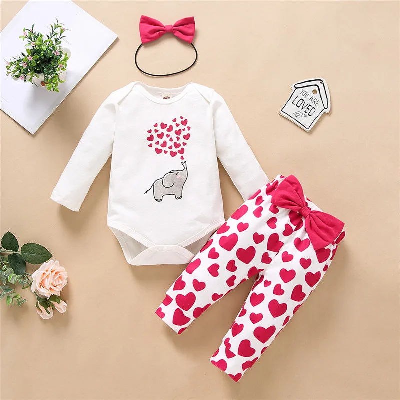 Three Piece Set For Baby Girl Cartoon Elephant Long Sleeve Jumpsuit and Heart Pattern Pants with Headband 0-18M | Детская одежда и