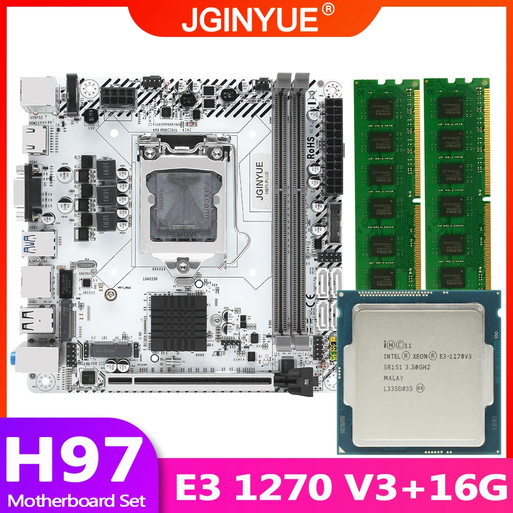 Материнская плата JGINYUE H97 LGA 1150 комплект с процессором Xeon E3 1270 V3 и памятью DDR3 16 Гб (2*8