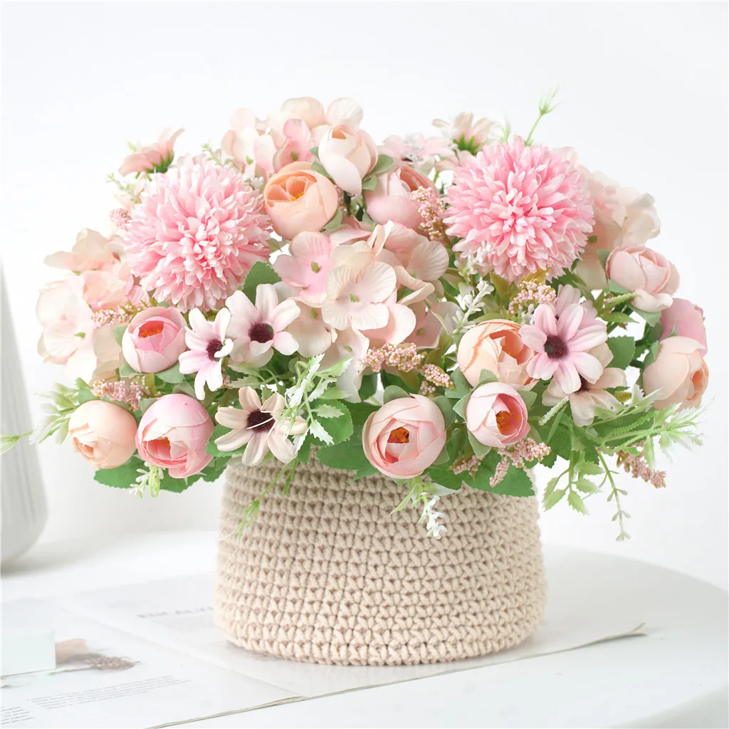 European High-end Fake Tea Rose Silk Flower Daisy Artificial Plastic Flower for Wedding Home Accessories Decoration Room Decor
