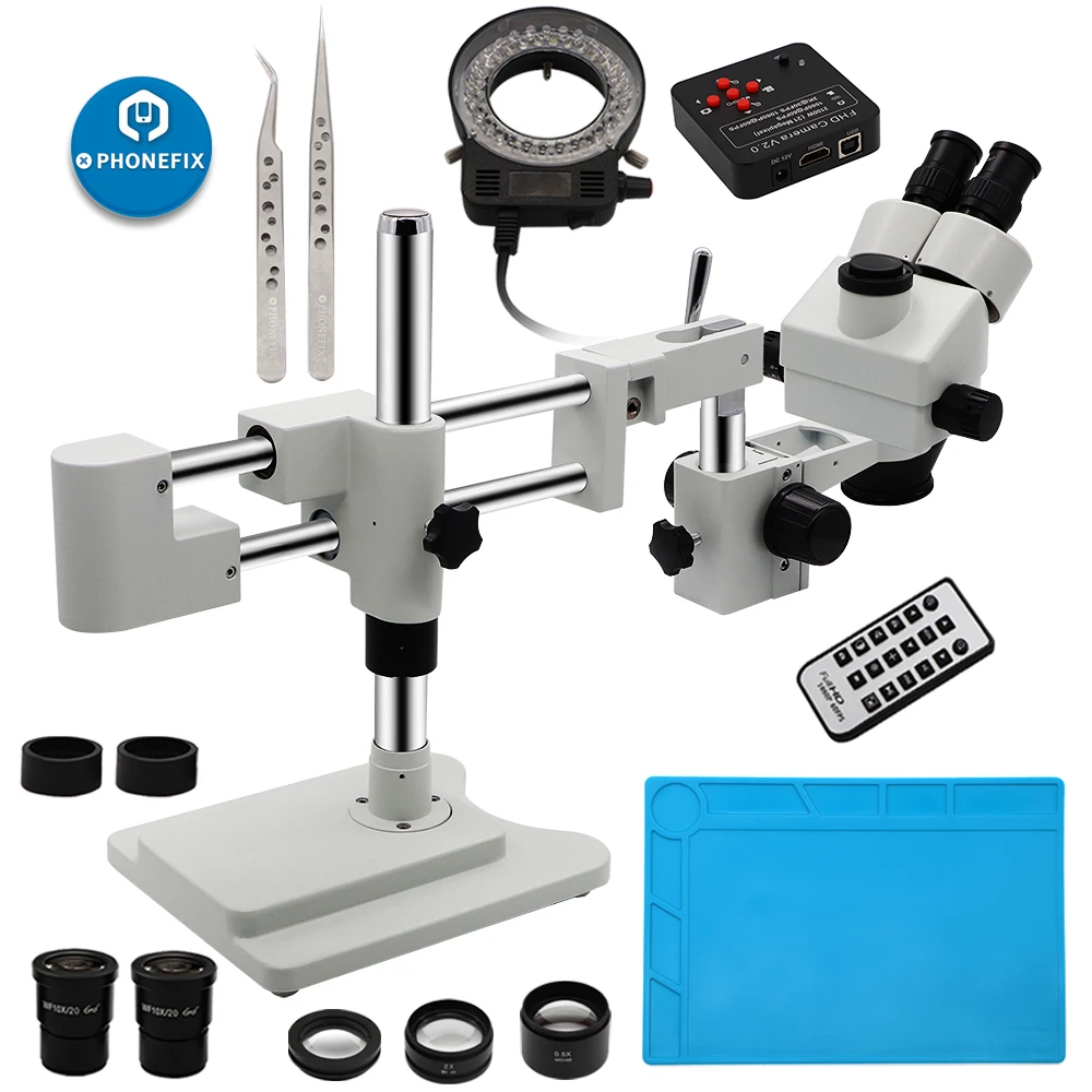 Double Boom Stand Trinocular Microscope 3.5x90x Simulfocal 21mp 2k Hdmi Camera 144 Led Light