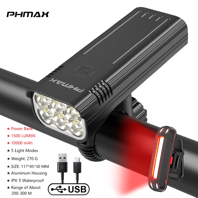 PHMAX Bicycle Flashlight 1500mAh 500 Lumens LED MTB Bike Front Light USB Rechargeable Rainproof Bike Lamp Set Bicycle Headlight QD-3401T