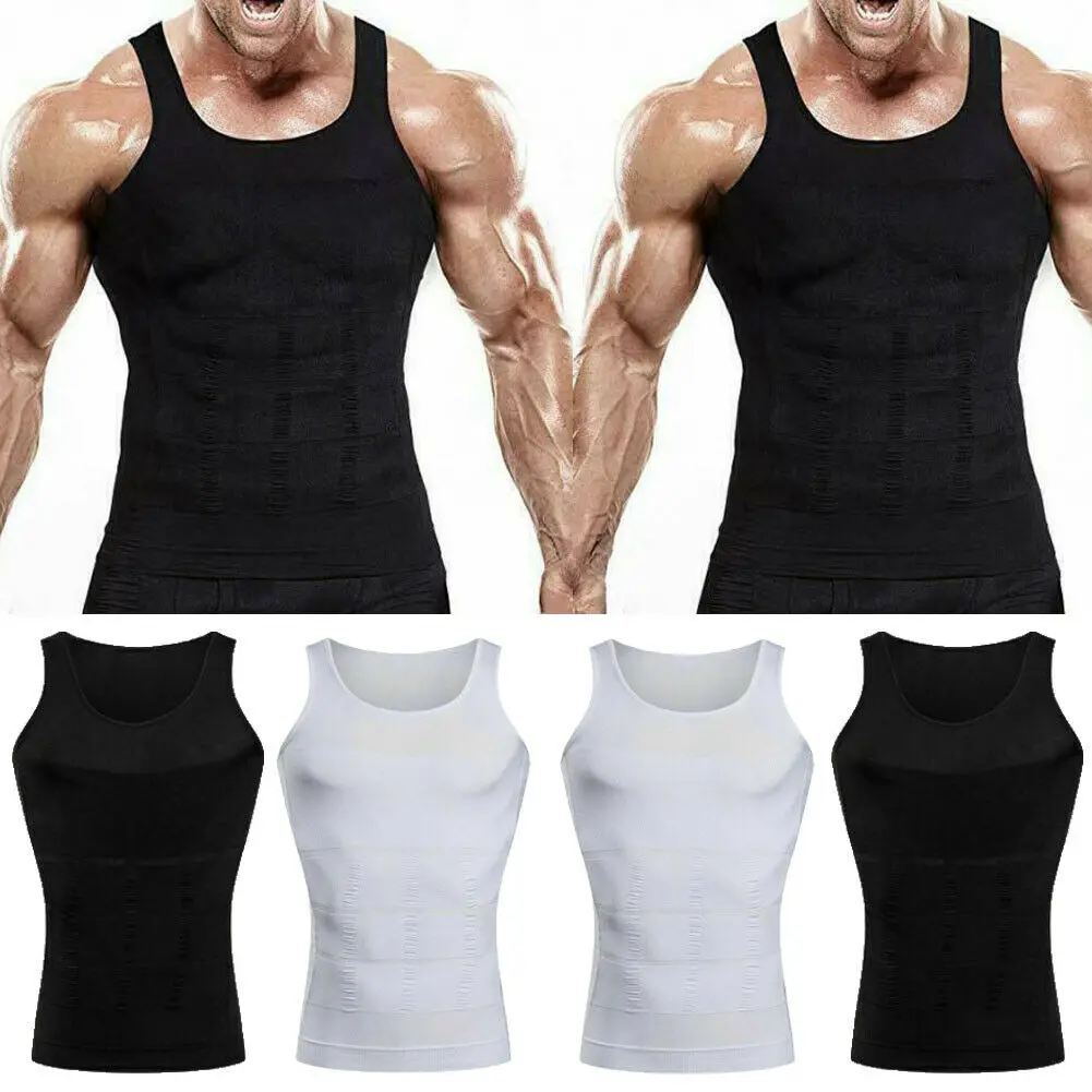 Mens Body Shaper Slimming Shirt Compression Vest Elastic Slim