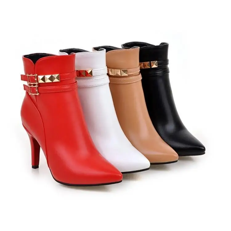 Women's winter boots Europe PU solid color thin heels 9cm fashion ankle boots ZETMTC brand women's shoes red buckle pointed