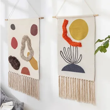 

Cotton Linen Tapestry Sew on Plush Hand Knot Tassel Geometric Print Muslim Ornament Wall Hanging Macrame Home Decor Tapestries