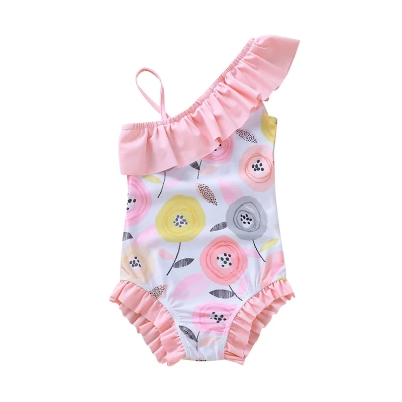 

New Swimwear Kids Girls Cute Ruffles Flower Print Sling Sleeveless Bodysuit Swimsuit 2020
