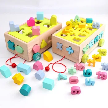 

Wooden Baby Early Education Toys Seventeen Holes Geometric Shape Paired Trailer Building Blocks Toy Color Cognition
