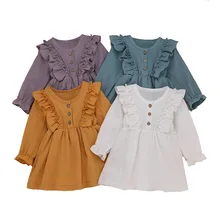 Scsech/детское осеннее платье для маленьких девочек Однотонные Вечерние платья из хлопка и льна с длинными рукавами и рюшами; повседневная детская одежда От 1 до 5 лет маленьких детей; SSC17