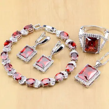 

Red Zircon White CZ Sterling Silver Jewelry Sets For Women Wedding Earrings/Pendant/Necklace/Rings/Bracelet T122