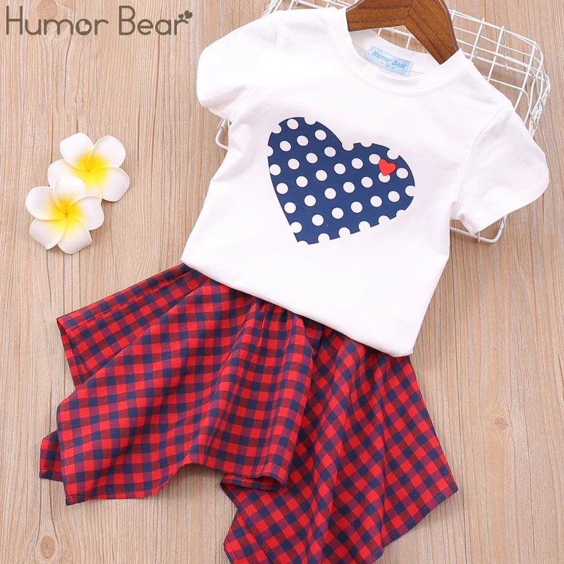 Humor Bear/Новые летние комплекты одежды для девочек Футболка с сердечком в Корейском стиле+ клетчатая юбка комплект из 2 предметов, одежда для маленьких девочек - Цвет: BZ408-white