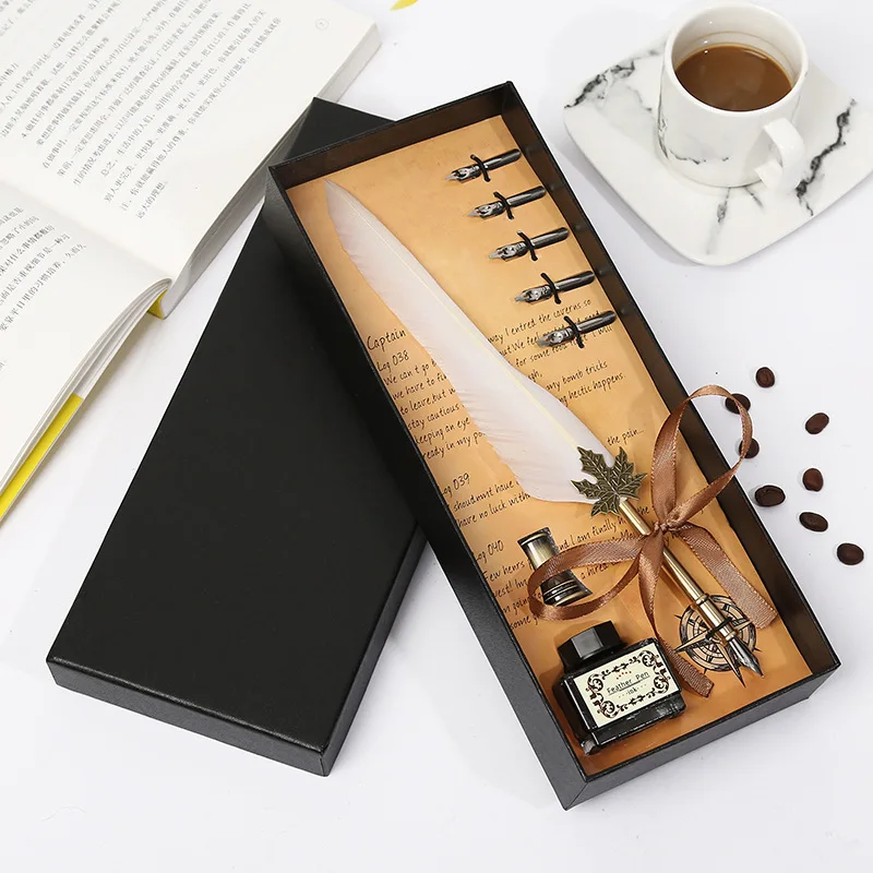 Creative Craft Quill Gift Box Retro Varved Stainless Steel Water Pen+ Pen Holder+ Ink Set Wholesale