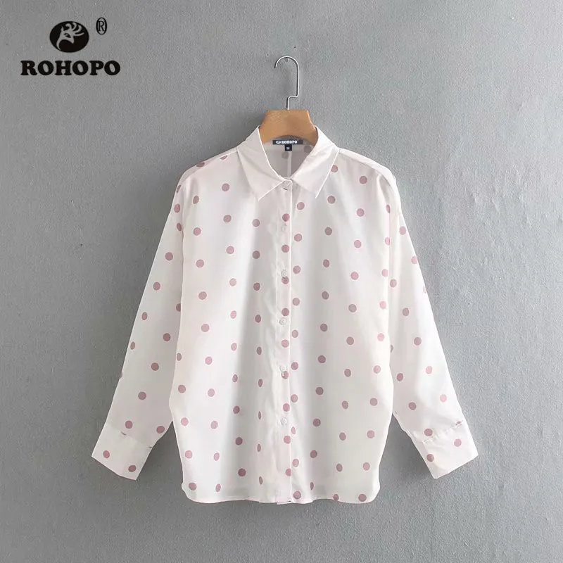 

ROHOPO Turn Down Collar Long Sleeve Brown Polk Dot White Blouse Buttons Fly Chic Autumn Tops Shirt #9018