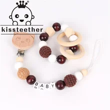 Kissteether – pendentif pour poussette de bébé, nom personnalisé, en hêtre, Panda, anneau de dentition, chaîne Anti goutte, Bracelet, jouet, cadeau, trois pièces