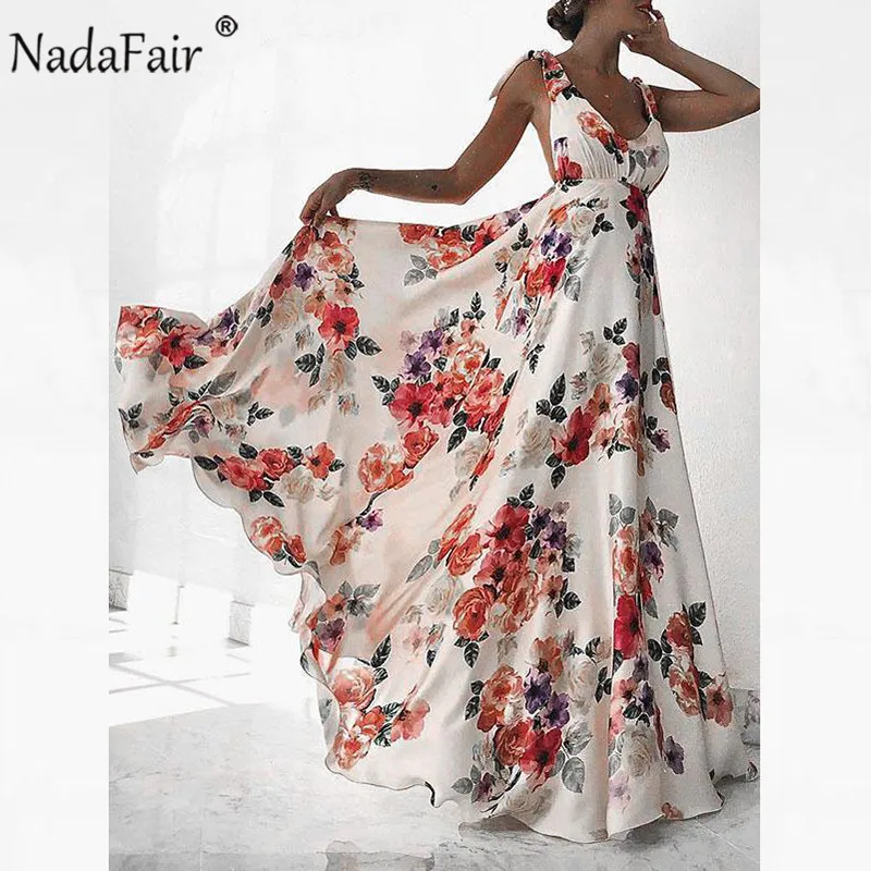 Nadafair, Платье макси с цветочным принтом, Vestidos, сексуальное, с открытой спиной, v-образный вырез, на бретельках, летнее пляжное длинное платье, женское, бохо платье