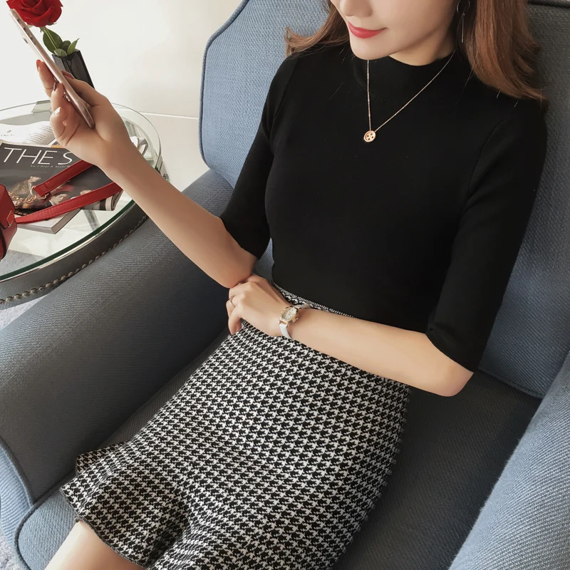 Spring Autumn Knitted Sweater and Pullovers for Women Half Sleeve Half Turtleneck Chandail Femme Sexy Slim Maglioni Donna