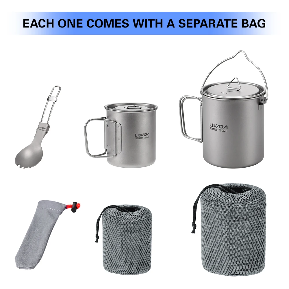 

Outdoor Titanium Tableware 750ml Pot 420ml Water Mug Cup with Lid Handle Folding Spork for Camping Picnic Hiking Travel