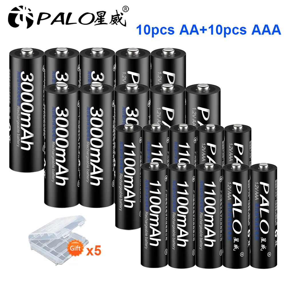 PALO 8 шт. 1,2 V AA перезаряжаемая батарея 3000mah NIMH 1,2 V aa аккумуляторная батарея+ 8 шт. 1100mah AAA батарея для микрофонной игрушки - Цвет: 10AA and 10AAA