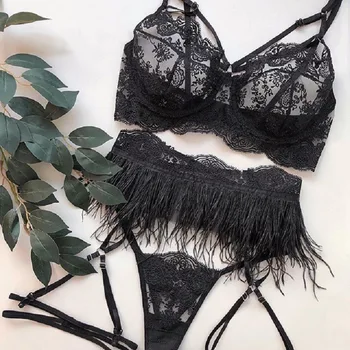 

Women's Feather Bra G-string Panty Set Nightwear Women Thin Lace Bra and Panty Set Transparent Temptation Hollow Sexy Lingerie