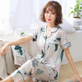 

Satin Pajamas Female Two-piece Home Suit Short-sleeved Long Trousers Thin Section Spring and Summer Large Size Home Silk Pajamas