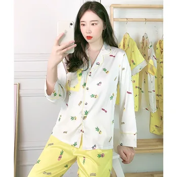 

Pyjamas Women satin long Sleeves long pants Ladies Pajama Sets Print Korean version Simple Sleepwear Homewear Pijamas