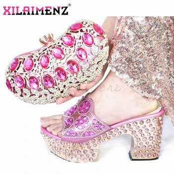 

Novelty New Comming in Pink Color with Platform Italian Lady Shoes and Bag to Math High Heelsl with Shinning Crystal for Party