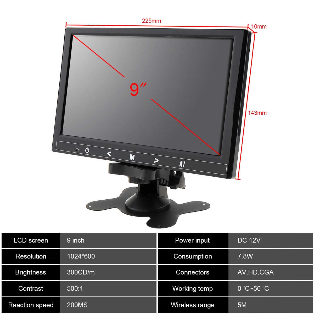  9 Inch HD IPS 1024*600 TFT LCD Color Multifunction Car Headrest Monitor support HDMI VGA AV Wireles