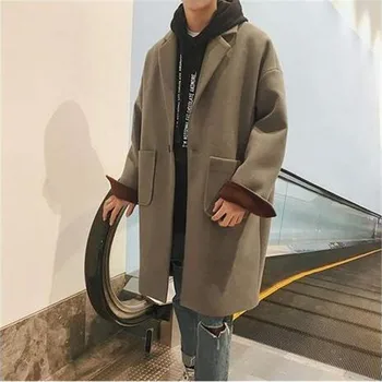 

2018 new fashion loose solid color oversize wool long winter coat men thicken woolen overcoat men mont erkek