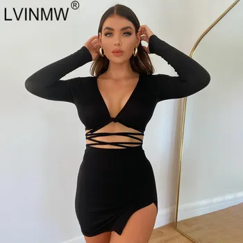 

LVINMW Sexy Solid Autumn Chic Two Piece Set Women Low Cut V Neck Long Sleeve Lace Up Woman tshirts High Waist Split Mini Skirts