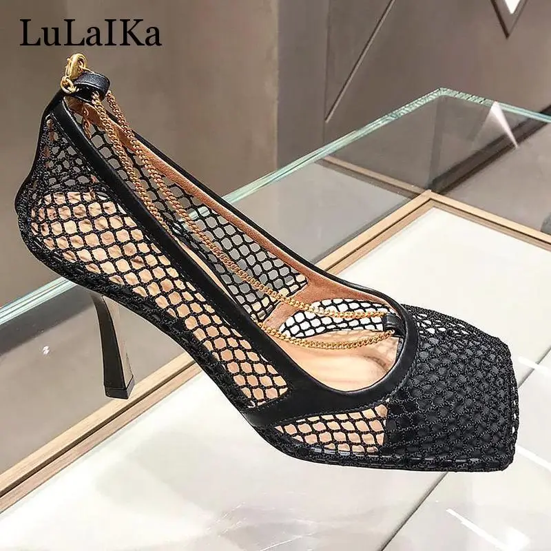 

2019 New Spring Summer Square Toe Shallow Mesh Hollow Out Chains Thin High Heels Sandals Women Fashion Tide