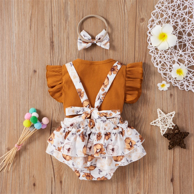 Newborn Kids Baby Girls 3PCS Sets Floral Printed Clothes Knitted T