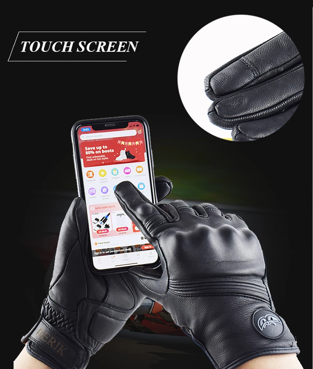 BERIK Motorcycle Leather Gloves Men Carbon Fiber Protection Racing Glove Screen Touch Sheepskin Motocross Glove M-XXL Electric Helmet Motorcycle