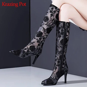 

Krazing pot Autumn Sunscreen air mesh pointed toe gladiator rose embroidery thin high heel flower nightclub knee high boots L03