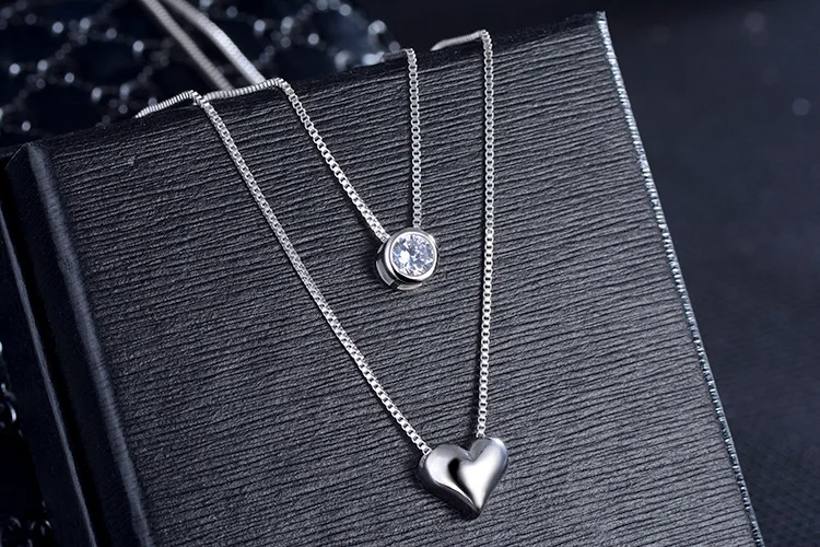 Top Quality Silver Color Necklace Double Layer Chain Zircon Heart Pendants Necklaces For Women Wedding Jewelry Best Gifts | Украшения и