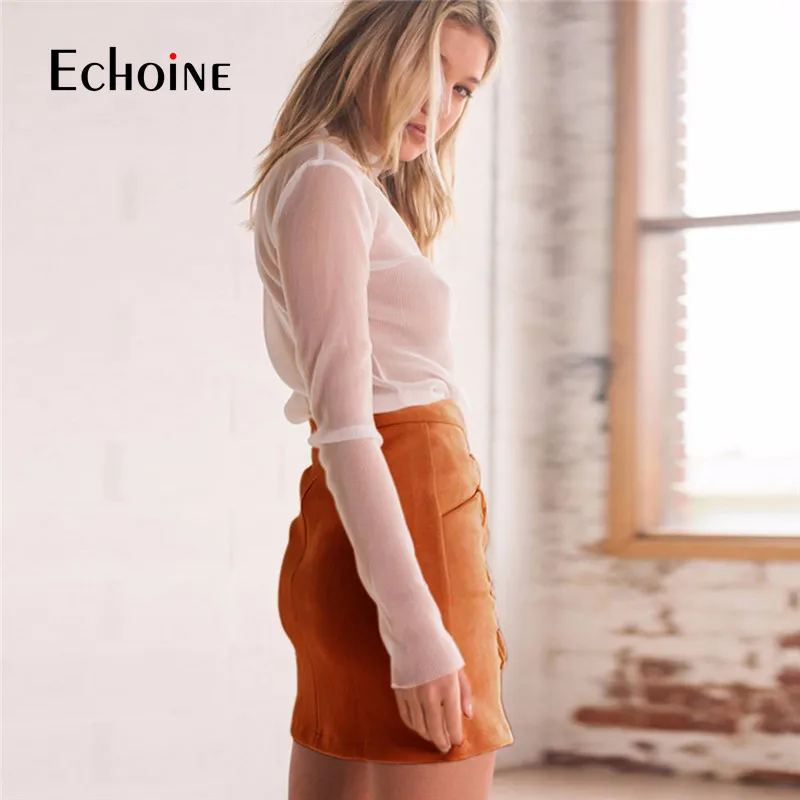 Sexy Mini Faux Leather Skirt High Waist Skirt Women Suede Skirt Autumn Winter Womens Lace Up Pencil Pocket Skirts Saia New