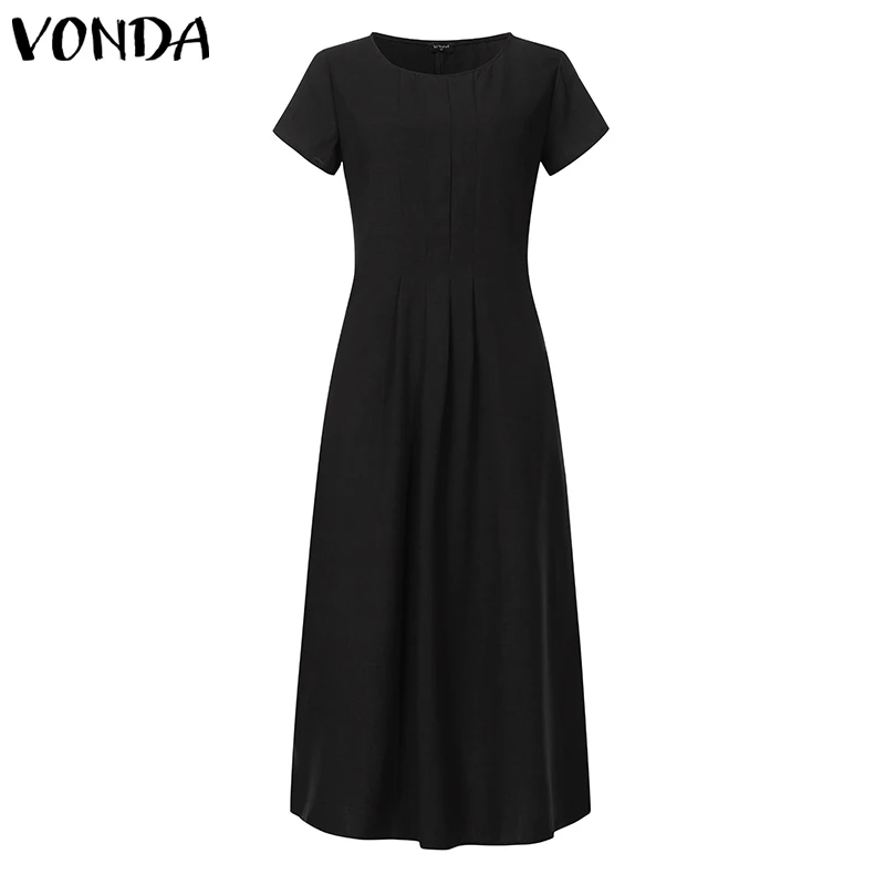 Повседневное платье для беременных VONDA, винтажное свободное платье с коротким рукавом, богемное летнее платье с круглым вырезом, женский сарафан - Цвет: Черный